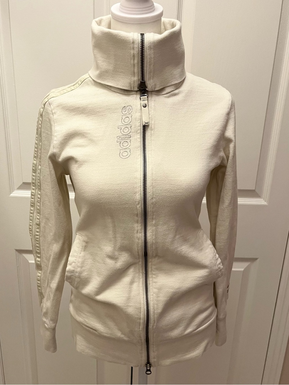 Vintage 2005 Adidas Women’s Cream Cotton 3-Stripes Funnel Neck Jacket Y2K Size S
